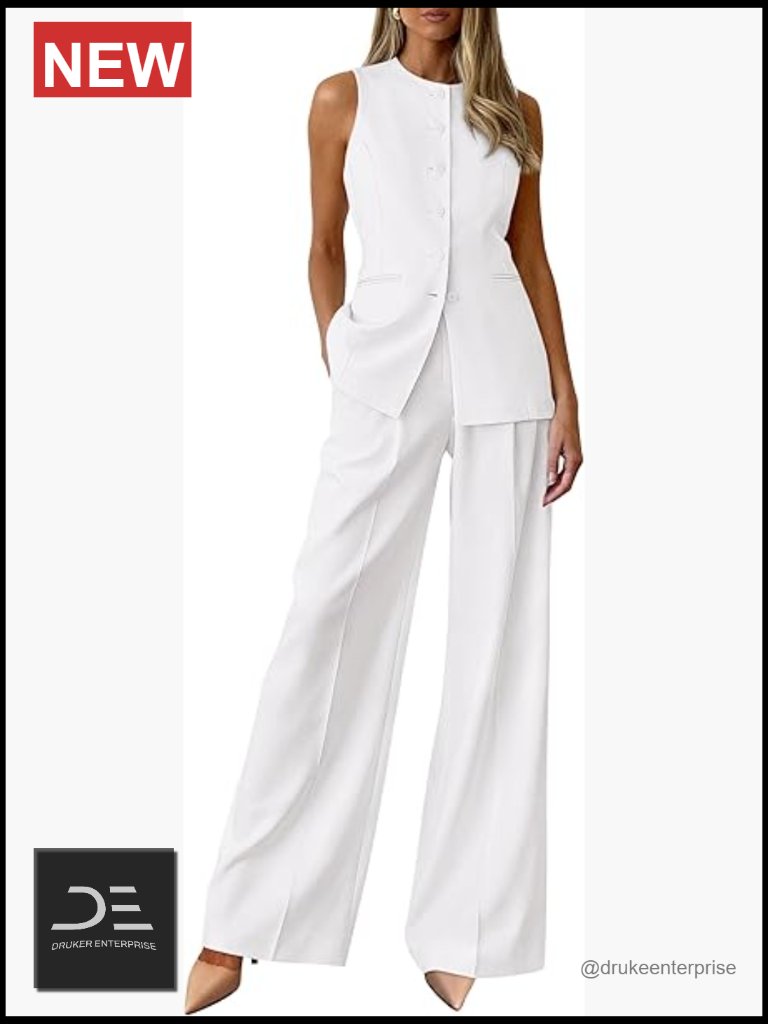 Sleeveless Blazer Vest & Wide Leg Pants Suit Set 2 Piece Work Outfit